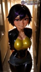 ai_generated arms_behind_back big_hero_6 big_hero_6:_the_series black_bodysuit black_hair black_jacket blush bodysuit bodysuit_under_clothes breasts brown_eyes cleavage covered_navel crop_top cropped_jacket cutoffs denim denim_shorts doorway eyeshadow female gogo_tomago hair_between_eyes hallway indoors jacket large_breasts latex latex_bodysuit lips looking_at_viewer makeup marvel marvel_comics meitabuu multicolored_hair open_clothes open_jacket purple_hair short_hair short_shorts shorts skin_tight smile solo streaked_hair two-tone_hair yellow_shirt