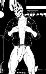 1boy black_and_white clothes drift_(fortnite) jacket jockstrap male mask masked masked_male muscular muscular_male penis solo tshirt vikifox_(artist)