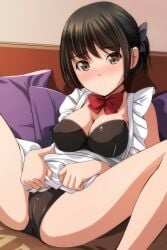 absurdres apron apron_lift bangs black_hair black_leotard blush breasts brown_hair cameltoe cleavage closed_mouth couch eyebrows_visible_through_hair female female hair_ribbon highres leotard long_hair looking_at_viewer matsunaga_kouyou medium_breasts original red_neckwear ribbon sitting solo spread_legs