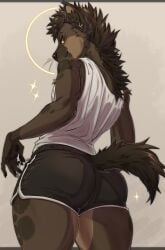 1boy anthro ass ass_focus asscheeks bottomwear brown_fur bubble_butt butt_focus ear_piercing earrings feminine_body finger_claws fully_clothed fur hyena kasusei looking_at_viewer looking_behind low_angle_view male male_only mammal mane short_shorts smirking solo spotted_hyena tagme tail tank_top teasing thick_ass thick_thighs