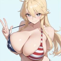 ai_generated american_flag_bikini bikini blonde_hair blue_eyes huge_breasts iowa_(kantai_collection) kantai_collection kao140522 long_hair star-shaped_pupils