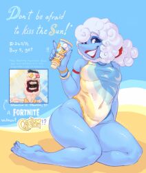1girls advertisement beach big_ass blue_body blue_eyes blue_fingernails blue_skin bracelet bracelets breasts cloud_hair cloud_humanoid deltarune elnina_(deltarune) eyelashes feet fingernails fluffy_hair kaprakaz lanino_(deltarune) lipstick meme navel one_piece_swimsuit red_lipstick sfw smile spamton_g_spamton sunscreen swimsuit tagme talking text thick_thighs thighs toned toned_female white_hair