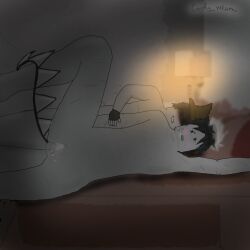 2boys 2d 2d_(artwork) artist_name artist_signature azure_(forsaken) bedroom black_hair blush cum cum_in_pussy cum_inside cuntboy forsaken forsaken_(roblox) genital_fluids genitals grey_body hat huff huffing intersex naked naked_male remake roblox roblox_game scars scars_on_arm self_harm_scars sideways_missionary_position trans_man two_time_(forsaken)