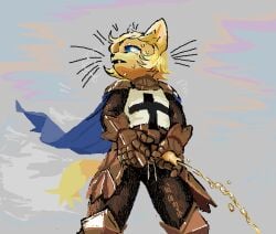 anthro armor blonde_hair blue_eyes bodily_fluids cape chainmail clothing domestic_cat felid feline felis flaccid foreskin fur gauntlets genital_fluids genitals gloves grey_background hair handwear holding_own_penis holding_penis low-angle_view male male_peeing mammal peeing penis simple_background solo standing sweat sweatdrop uncircumcised urine urine_stream watersports worm_(artist) yellow_body yellow_fur
