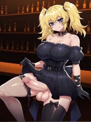 1futa ai_assisted ai_generated altra_x ani_(twitter) asymmetrical_legwear bar_(place) big_breasts big_penis blonde_hair blue_eyes breasts choker dress futanari garter_belt gloves grok grok_(xai) huge_breasts intersex large_penis lifted_by_self lifting_skirt looking_at_viewer penis short_hair sitting smirk testicles thick_thighs thighhighs twintails