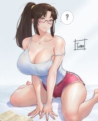 ? artist_name blush book breasts casual closed_mouth collarbone commentary covered_erect_nipples curious dolphin_shorts fatal_fury female glasses high_ponytail highres large_breasts long_hair looking_at_viewer mai_shiranui open_book parted_bangs pink_shorts ponytail semi-rimless_eyewear shiranui_mai short_shorts shorts sitting solo speech_bubble spoken_question_mark street_fighter street_fighter_6 tank_top tomo_eokaiteru under-rim_eyewear very_long_hair wariza white_tank_top