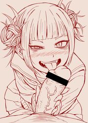 1boy 1girls 4shi bags_under_eyes bangs bimbo blunt_bangs blush double_bun fangs fellatio female fingernails hair_bun half-closed_eye half-closed_eyes handjob himiko_toga huge_cock human licking long_sleeves looking_at_viewer male_pov monochrome my_hero_academia nude oral penis pink_background pleated_skirt pov pov_crotch pubic_hair red sharp_fingernails short_hair simple_background skirt slit_pupils smile source_request straight sweater teenager teeth tongue tongue_out veins veiny_penis