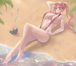 1girls armwear axe beach big_breasts bracelet breasts calmgreentori cleavage ear_piercing earrings feet female female_only fire_emblem fire_emblem:_three_houses full_body hair hand_behind_head headwear high_resolution highres hilda_valentine_goneril hoop_earrings intelligent_systems large_breasts legs nintendo pink_eyes pink_hair pink_sling_bikini sand skimpy skimpy_bikini sling_bikini smile solo solo_female sunglasses sunglasses_on_head swimwear thighs twintails water weapon