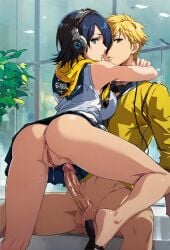 1boy 1girls ai_generated anus arm_around_neck best_friends betrayal big_penis blonde_hair blue_eyes blue_hair bottomless brown_eyes cafe cheating cheating_wife echoanomaly female girlfriend half_naked headphones_on_head hoodie kirishima_touka looking_at_viewer male nagachika_hideyoshi netorare ntr out_of_character penis pussy pussy_juice sandals tokyo_ghoul unfaithful