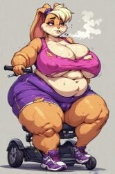 ai_generated cameltoe cigarette cigarette_in_mouth cleavage fat fat_arms fat_breasts lola_bunny massive_breasts mobility_scooter obese smoking smoking_cigarette space_jam thick_thighs tight_clothes torn_clothes underboob unhealthy wide_hips