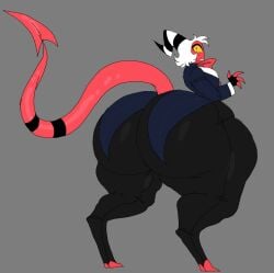 2024 ass big_butt black_bottomwear black_clothing black_gloves black_handwear black_pants black_stripes blue_clothing blue_suit bottomwear bow_tie clothing fingerless_gloves gloves grey_background hair handwear heavensthroat hellaverse helluva_boss horn imp looking_back male moxxie_(helluva_boss) not_furry pants rear_view red_body red_bow_tie red_skin simple_background solo spade_tail striped_horn stripes suit tail thick_thighs white_hair yellow_eyes