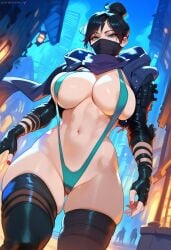 1girls 2d ai_generated apex_legends bikini black_hair female female_focus female_only gloves hair_bun mask night scarf sling_bikini solo solo_female solo_focus swimsuit tagme thighhighs wraith_(apex_legends)
