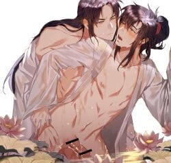 2boys abs alternate_costume anal balls bar_censor bare_pectorals bare_shoulders bathrobe bishounen black_hair blush brown_eyes censored chinese_clothes closed_mouth collarbone cum cum_in_ass cum_on_body cum_on_male ear_blush ejaculation erection flower gay gay_male hair_between_eyes hanfu highres jujeop lan_wangji long_hair long_sleeves looking_at_another lotus lotus_leaf male male_focus modao_zushi multiple_boys navel nipples off_shoulder open_clothes open_mouth open_robe partially_submerged pectorals penis pink_flower ponytail robe see-through_clothes sex sex_from_behind sidelocks simple_background standing standing_sex sweat testicles toned toned_male wading water water_drop wei_wuxian wet wet_clothes wet_face wet_hair white_background white_robe yaoi yellow_eyes
