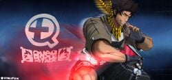 1boy blue_background gloves grin motion_blur muscular s4_league s4_uniform scarf short_pants solo sword vikifox_(artist)