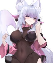 :3 absurdres ahoge animal_ears breasts cleavage comission female finger_heart g-string hair_between_eyes highres indie_virtual_youtuber large_breasts leotard long_hair looking_at_viewer multicolored_hair navel pink_nails pink_sleeves purple_eyes ritence shiyuonline simple_background smile tail thong transparent_leotard virtual_youtuber white_hair