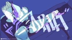 1boy blonde_hair blue_background couch drift_(fortnite) fortnite fortnite:_battle_royale male mask masked monochrome relaxed sitting sneakers solo vikifox_(artist)