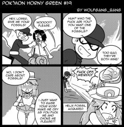 1girls 2boys comic english_text exposed_pussy fossil hat horny horny_female leaf_(pokemon) monochrome no_panties npc_trainer nymphomania pokemon pokemon_frlg pussy rejection scene_interpretation skirt skirt_lift speech_bubble super_nerd_(pokemon) team_rocket team_rocket_grunt team_rocket_grunt_(male) text throwing wolfgang_bang