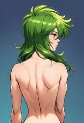 ai_generated androgynous andromeda_shun back_view blue_sky bronze_saints femboy gay green_eyes green_hair homosexual novelai nude nude_male saint_seiya shounen_jump sky white_skin