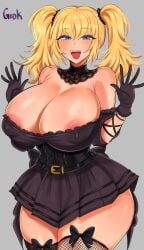 1girls ani_(twitter) blonde_hair breasts dress female female_focus grok_(x) grok_(xai) large_breasts light-skinned_female light_skin looking_at_viewer pussy ruilumen simple_background thick_thighs thighs twintails twitter