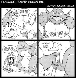 1boy 1girls comic drooling english_text evolution hat horny horny_female leaf_(pokemon) monochrome nidoking nidorino nymphomania pokemon pokemon_frlg pokephilia speech_bubble text wolfgang_bang