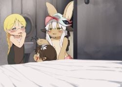 1boy 2girls animal_ears animal_tail bed bedroom blonde_hair blush braid brown_eyes brown_hair dagasi female fur furry furry_female glasses grey_hair long_ears long_hair made_in_abyss male multiple_girls nanachi open_mouth open_smile pointy_ears reg_(made_in_abyss) riko_(made_in_abyss) short_hair sitting tail twin_braids twintails white_hair