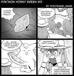 1girls 2boys choice clefable comic english_text evolution_stone hat imagining leaf_(pokemon) monochrome moon_stone nidoking penis pokemon pokemon_frlg pokephilia speech_bubble text wolfgang_bang