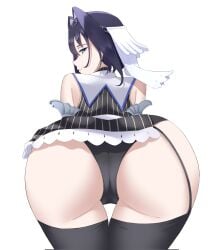 1girls 2025 alternate_version_available ass ass_focus back_view bare_shoulders big_ass blue_eyes blue_hair dark_hair detached_sleeves facing_away female female female_only hair_intakes hi_res high_resolution highres hololive hololive_english hololive_english_-council- hololive_english_-promise- huge_ass large_ass looking_at_viewer mahiruuu massive_ass medium_hair miniskirt ouro_kronii panties simple_background skirt solo tagme thick_thighs veil virtual_youtuber white_background