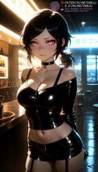 ai_generated arms_behind_back ashley_graves bar_(place) bar_stool bare_shoulders black_bra black_choker black_gloves black_hair black_shorts black_thighhighs blush bottle bra bra_strap breasts choker cleavage closed_mouth collarbone counter cowboy_shot crop_top female garter_straps gloves indoors large_breasts latex leather lips looking_at_viewer meitabuu midriff navel off-shoulder_shirt off_shoulder pink_eyes ponytail shirt short_hair short_shorts shorts skindentation solo standing stomach stool the_coffin_of_andy_and_leyley thighhighs thighs zipper zipper_pull_tab