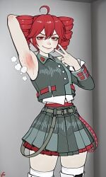 2025 ai ai_generated alternate_version_available armpits arms_behind_back arms_behind_head arms_up background gray_clothing kasane_teto kasane_teto_(voicepeak) red_eyes red_hair skirt smug smug_face smug_smile steam steamy_armpits sweat sweating sweaty_ tagme twin_drills vampiregurl voicepeak