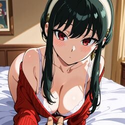 1boy 1girls ai_generated bedroom black_hair blackmail blush breasts curvaceous_figure embarrassed female home indoors large_breasts leaning_forward living_room looking_at_viewer male no_pants obedience pov pulling_clothing pulling_shirt pumpkin1075 spy_x_family voluptuous white_bra yor_briar yor_forger