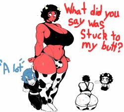 1boy 1femboy 1futa 2d ass ass_worship belly belly_button big_ass big_breasts blue_hair breasts choker cleavage color colored cow_print cow_print_panties cow_print_thighhighs dialogue english english_text futa_is_bigger futanari hand_on_ass hand_on_butt hips hips_wider_than_shoulders intersex large_ass large_breasts male midriff mischievous_z original_character original_characters red_body red_skin smaller_male sports_bra squatting standing text thick thick_thighs thighs waist white_background wide_hips