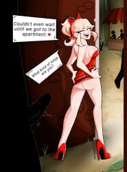 alley blonde_female exhibitionism female hidden high_heels original_character public_exposure red_dress ribbon_in_hair text_box