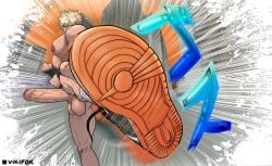 1boy bakugou_katsuki balls big_pecs foreskin japanese_text katsuki_bakugou kicking male motion_blur motion_lines my_hero_academia nike nipples pecs penis shoe_laces sneakers solo uncircumcised vikifox_(artist)