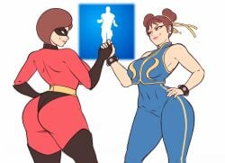 2girls absurd_res american asian ass ass_focus brown_hair capcom chun-li chun-li_(fortnite) crossover disney elastigirl elastigirl_(fortnite) female female_only fortnite fully_clothed grabbing hand_grab helen_parr helen_parr_(fortnite) highres lipstick mature_female mature_woman milf party_hips pixar riukykappa street_fighter superheroine the_incredibles thick_thighs thighs voluptuous white_background wide_hips