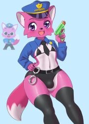 1boy black_legwear bra cub femboy fox furry furry_only kneesocks legwear magenta_eyes male mammal mr-shin penis_bulge pink_fur pinkfong pinkfong_(character) police police_uniform smile