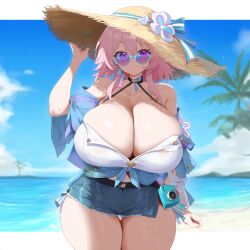 ai_generated beach big_breasts breasts cleavage denim_shorts honkai:_star_rail huge_breasts large_breasts looking_over_eyewear looking_over_sunglasses march_7th_(honkai:_star_rail) mihoyo pink_hair shorts straw_hat sunglasses thick_thighs tinted_eyewear