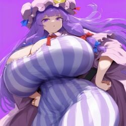 ai_generated ameanon big_breasts breasts breasts_bigger_than_head cleavage cleavage_cutout female hands_on_hips huge_breasts large_breasts patchouli_knowledge purple_eyes purple_hair thick_thighs tight_clothing touhou