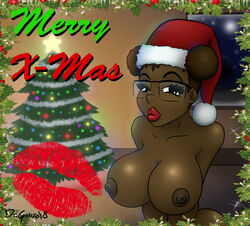 afro artist_name artist_signature breasts christmas christmas_tree dark-skinned_female dark_nipples dark_skin decorations drgonzo eyelashes female female glasses headshot_portrait holidays huge_breasts kiss_mark lipstick looking_at_viewer oc santa_hat solo tree twintails