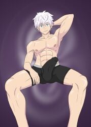 arm_behind_head jujutsu_kaisen satoru_gojo solo_male white_hair