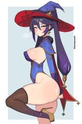 1girls absurd_res ass breasts female female_only genshin_impact heels hi_res kuromaruart large_breasts looking_at_viewer mona_(genshin_impact) sideboob skindentation solo thick_thighs thighhighs thighs witch_hat