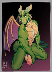 2018 abs anthro balls beige_penis biceps biped black_background black_eyebrows black_eyes border dragon ear_fins eyebrows fin front_view full-length_portrait green_scales green_tail grey_border hi_res horn humanoid_penis kneeling looking_at_viewer male male_only mariart membranous_wings multicolored_scales muscular muscular_male nestor_(spyro) nude pecs penis pinup portrait pose purple_wings scales scalie signature simple_background smile smirk solo spade_tail spyro_reignited_trilogy spyro_the_dragon tan_balls tan_scales teeth thick_eyebrows two_tone_scales uncut url vein veiny_penis video_games wings