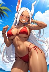 1girls ai_generated animal_ears bare_shoulders big_breasts bikini bracelet breasts bunny_ears cleavage clenched_teeth clothing cloud curvy dark-skinned_female dark_skin day eyelashes female female_focus female_only grin hips human jewelry large_breasts lens_flare looking_at_viewer makeup miruko misterioai my_hero_academia nai_diffusion nail_polish necklace outdoors palm_tree parted_lips pinup red_eyes revealing_clothes rumi_usagiyama sideboob skimpy skindentation smile solo solo_female stable_diffusion swimsuit teeth thick_thighs thighs tree underboob very_long_hair voluptuous water white_hair white_nails wide_hips