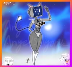 agonywelds anthro ass blurry_background cat_ears catgirl censored_nipples peace_sign robot robot_girl smaller_male smile smiling_at_viewer tail taller_female taller_girl thick_ass thick_thighs thighs tv_head tv_screen wojak wojak_comics