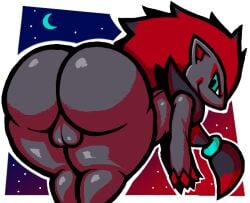 anthro ass backsack balls big_butt digital_media_(artwork) gayguyfella generation_5_pokemon genitals looking_at_viewer looking_back male nintendo pokemon pokemon_(species) presenting presenting_hindquarters simple_background solo thick_thighs zoroark