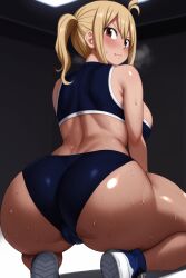 ai_generated ass blush fairy_tail gym_uniform heavy_breathing huge_ass kneeling looking_at_viewer lucy_heartfilia medium_breasts shiny_skin shorts sitting sports_shorts sports_uniform sweat tight_clothing