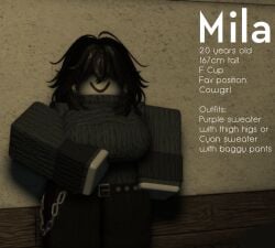 3d baggy_pants big_breasts black_pants blue_sweater clothed cyan_sweater introduction mila_(saiga12pf) oc own_character roblox saiga12pf wolf_cut wolfcut