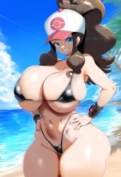 ai_generated ass beach big_ass big_breasts bikini bikini_top black_bikini blue_eyes breasts brown_hair cleavage hands_on_hip hilda_(pokemon) huge_breasts large_breasts nintendo pokemon ponytail sideboob thick_thighs underboob