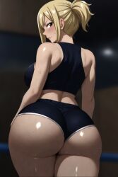 after_workout ai_generated ass bent_over blurry_background blush fairy_tail gym_shorts gym_uniform heavy_breathing huge_ass looking_at_viewer lucy_heartfilia medium_breasts shiny_skin shorts sports_shorts sports_uniform sweat thick_thighs tight_clothing