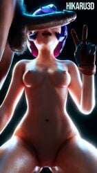 dark-skinned_male female hikaru3d juno_(overwatch) kneeling naked naked_female naked_male overwatch overwatch_2 peace_sign penis pubic_hair self_upload sweat