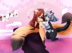 2_tails anthro bedroom breasts brown_hair canid canine covering covering_mouth duo entwined_tails eyewear facial_markings featureless_breasts felid female female/female fennec_fox finger_fuck fingering fox glasses green_horn hair head_markings heart_symbol hi_res horn kitt_(saltypeachies) long_hair long_tail mammal markings multi_tail nude saltypeachies short_hair silver_hair tail tail_coil true_fox vaginal_penetration vixira_(syrup-taifh)